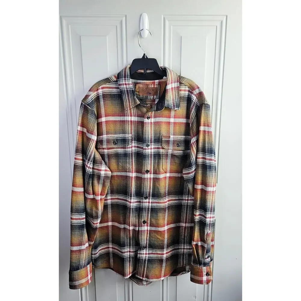 Orvis Flannel Sweater Button UP Brown Red Plaid Print Size Medium Button Pockets